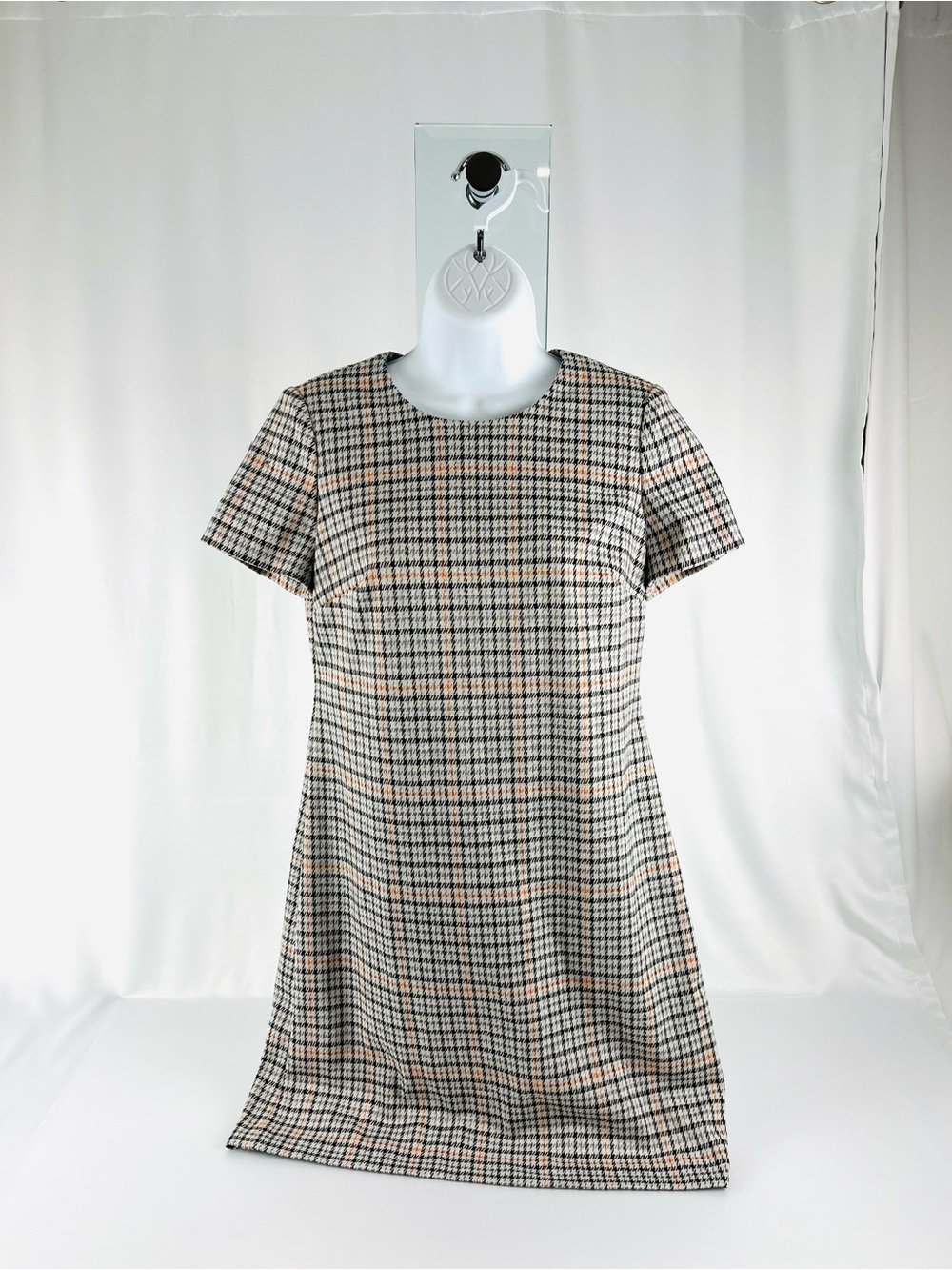 Calvin Klein Plaid Houndstooth Print Shift/Sheath Dress Black Orange Gray Size 4